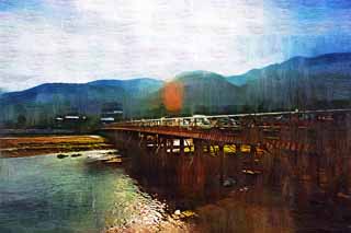 illustration,material,free,landscape,picture,painting,color pencil,crayon,drawing,Togetsu-kyo Bridge, Keisen, bridge, river, supporting beam