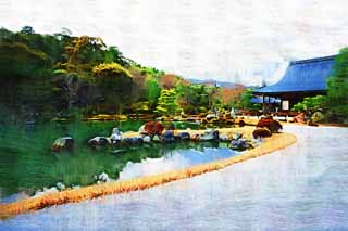 illustration,material,free,landscape,picture,painting,color pencil,crayon,drawing,Tenryu-ji garden, Chaitya, pond, world heritage, Sagano
