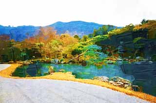 illustration,material,free,landscape,picture,painting,color pencil,crayon,drawing,Tenryu-ji garden, Chaitya, pond, world heritage, Sagano