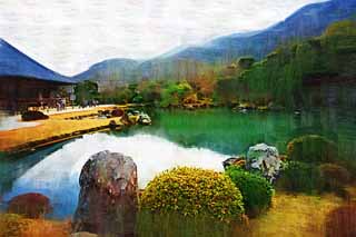 illustration,material,free,landscape,picture,painting,color pencil,crayon,drawing,Tenryu-ji garden, Chaitya, pond, world heritage, Sagano