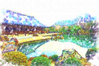 illust, matire, libre, paysage, image, le tableau, crayon de la couleur, colorie, en tirant,Tenryu-ji jardinent, Chaitya, tang, patrimoine de l'humanit, Sagano