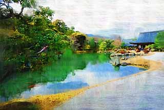 illustration,material,free,landscape,picture,painting,color pencil,crayon,drawing,Tenryu-ji garden, Chaitya, pond, world heritage, Sagano