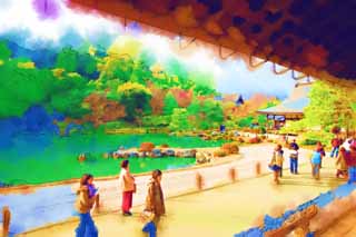 illustration,material,free,landscape,picture,painting,color pencil,crayon,drawing,Tenryu-ji garden, Chaitya, pond, world heritage, Sagano