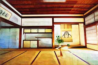 illust, materiale, libero panorama, ritratto dipinto, matita di colore disegna a pastello, disegnando,Tenryu-ji Ogata la lunghezza, Chaitya, stuoia di tatami, eredit di mondo, Sagano