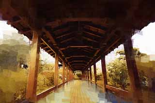 illustration,material,free,landscape,picture,painting,color pencil,crayon,drawing,Tenryu-ji roofed passage connecting buildings, Chaitya, room with a wooden floor, world heritage, Sagano