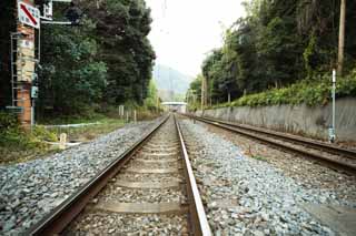 Foto, materiell, befreit, Landschaft, Bild, hat Foto auf Lager,Eine Fhrte der JR Sagano-Linie, Eisenbahn, hetzen Sie Band, Kies, Reise