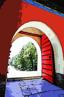 illust,tela,gratis,paisaje,fotografa,idea,pintura,Lpiz de color,dibujo,La Ming Xiaoling Mausoleum Fumitake puerta, Tumba, Soy pintado de rojo, La puerta, Un arco