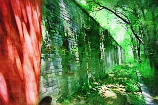 illustration,material,free,landscape,picture,painting,color pencil,crayon,drawing,A Ming Xiaoling Mausoleum castle wall, Ishigaki, I am painted in red, wall, forest