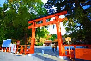 illust, matire, libre, paysage, image, le tableau, crayon de la couleur, colorie, en tirant,Deux toriis de Temple Kamigamo, torii, Feston de la paille shintoste, Prvention contre mal, L'empereur