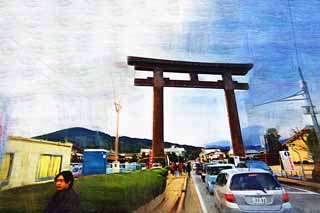illustration,material,free,landscape,picture,painting,color pencil,crayon,drawing,Three-wheeled Shinto shrine Otorii, Shinto, Prevention against evil, Precincts, Shinto shrine gate