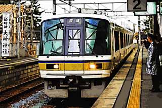 illustration,material,free,landscape,picture,painting,color pencil,crayon,drawing,JR Sakurai Line, railroad, train, Local train, 221 system train