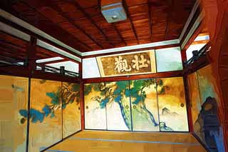 Illust, materieel, vrij, landschap, schilderstuk, schilderstuk, kleuren potlood, crayon, werkje,Ninna-ji Tempel fusuma beelden, Fukui boete weersgesteldheid zeil, Jap-trant kamer, Japans traditioneel schilderstuk, Reiger