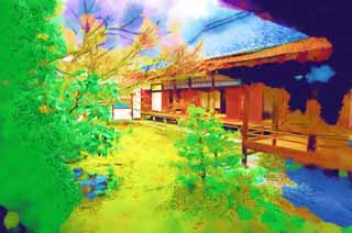 illust, matire, libre, paysage, image, le tableau, crayon de la couleur, colorie, en tirant,L'tude de Temple Ninna-ji a peint avec la laque noire, Mousse, jardin, Btiment du Japonais-style, La famille impriale