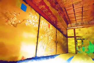 Illust, materieel, vrij, landschap, schilderstuk, schilderstuk, kleuren potlood, crayon, werkje,Ninna-ji Temple Shin-Den, Goud vel, Jap-trant kamer, Japans traditioneel schilderstuk, Gorgeousness