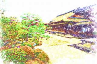 illustration,material,free,landscape,picture,painting,color pencil,crayon,drawing,Ninna-ji Temple north garden, Five Storeyed Pagoda, I am Japanese-style, pond, style of Japanese garden with a pond in the center garden