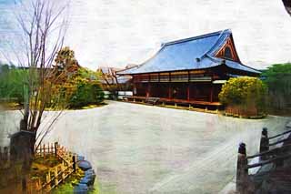 illust, matire, libre, paysage, image, le tableau, crayon de la couleur, colorie, en tirant,Temple Ninna-ji jardin de devant de la Salle pour les crmonies de l'tat, jardin, Sable, La maison du vieil aristocrate Palais Imprial, paysage sec jardin japonais