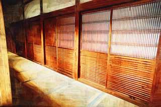 illustration,material,free,landscape,picture,painting,color pencil,crayon,drawing,Ninna-ji Temple Shin-den, shoji, wooden building, Under the eaves, tatami mat