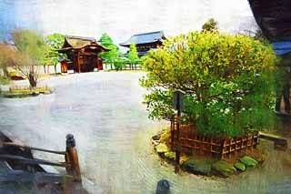 illustration,material,free,landscape,picture,painting,color pencil,crayon,drawing,Ninna-ji Temple front yard of the Hall for state ceremonies, garden, Sand, gate for Imperial messengers, dry landscape Japanese garden