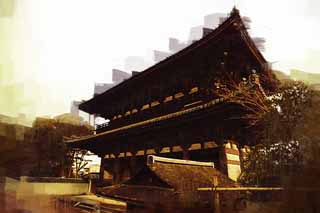 illust, materiell, befreit, Landschaft, Bild, Gemlde, Farbbleistift, Wachsmalstift, Zeichnung,,Der Ninna-ji Temple Nio Htergottheitstor, Deva-Tor, Fall bemuttert Aussehen von einem Haus, Japanischer architektonischer Stil, berhmter Tempel mit einer ehrwrdigen Geschichte