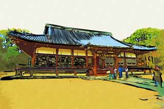 illustration,material,free,landscape,picture,painting,color pencil,crayon,drawing,Ninna-ji Temple inner temple, The Imperial Court style, main room structure, Chaitya, world heritage