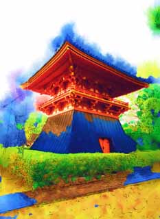 illust, materiell, befreit, Landschaft, Bild, Gemlde, Farbbleistift, Wachsmalstift, Zeichnung,,Ninna-ji Temple Glockenturm, Die Rckentaille eines hakama tippt, Glockenturm, Tempelglocke, Welterbe