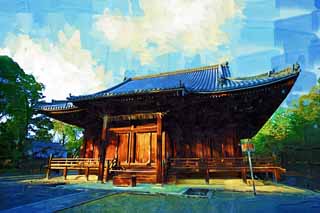 illust, materiell, befreit, Landschaft, Bild, Gemlde, Farbbleistift, Wachsmalstift, Zeichnung,,Ninna-ji-Tempel Kannondo, Japanischer architektonischer Stil, Die Kannon-mit-ein-tausend-Arme, Chaitya, Welterbe