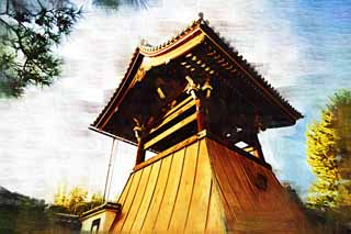 illustration,material,free,landscape,picture,painting,color pencil,crayon,drawing,Myoshin-ji Temple bell tower, Egen Kanzan, temple bell, The flower garden pope, temple belonging to the Zen sect