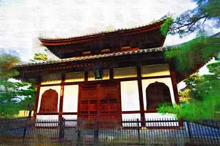 illustration,material,free,landscape,picture,painting,color pencil,crayon,drawing,Myoshin-ji Temple storehouse for keeping the Buddhist scripture, Egen Kanzan, forest bottom, The flower garden pope, temple belonging to the Zen sect