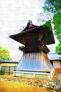 illust, materiell, befreit, Landschaft, Bild, Gemlde, Farbbleistift, Wachsmalstift, Zeichnung,,Myoshin-ji Temple Glockenturm, Egen Kanzan, Tempelglocke, Der Blumengartenpapst, Tempelbesitzstck zur Zensekte