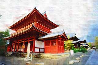 illustration,material,free,landscape,picture,painting,color pencil,crayon,drawing,Myoshin-ji Temple Mikado, Egen Kanzan, I am painted in red, The flower garden pope, temple belonging to the Zen sect