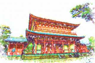 illust, material, livram, paisagem, quadro, pintura, lpis de cor, creiom, puxando,Myoshin-ji templo micado, Egen Kanzan, Eu sou pintado em vermelho, O papa de jardim de flor, templo que pertence  seita de Zen