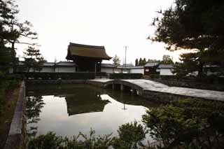 fotografia, material, livra, ajardine, imagine, proveja fotografia,Templo de Myoshin-ji deixado vai para Lagoa, Egen Kanzan, porto para mensageiros Imperiais, O papa de jardim de flor, templo que pertence  seita de Zen