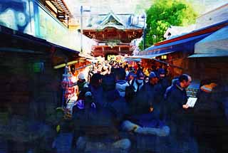 illustration,material,free,landscape,picture,painting,color pencil,crayon,drawing,The approach to Shibamata Taishaku-ten Temple, Deva gate, New Year's visit to a Shinto shrine, worshiper, Great congestion