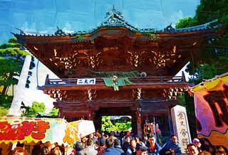 illust,tela,gratis,paisaje,fotografa,idea,pintura,Lpiz de color,dibujo,La puerta de templo de Shibamata Taishaku - diez, Puerta de Deva, Visita de Ao Nuevo para un santuario sintosta, Fiel, Gran congestin
