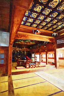 illustration,material,free,landscape,picture,painting,color pencil,crayon,drawing,The main hall of Shibamata Taishaku-ten Temple, tatami mat, sculpture, dragon, Buddhist altar fittings