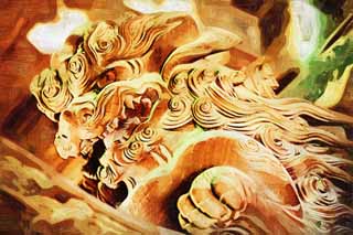 illust, matire, libre, paysage, image, le tableau, crayon de la couleur, colorie, en tirant,Shibamata Taishaku-dix sculpture de Temple, lion, sculpture, grain de bois, Bouddhisme