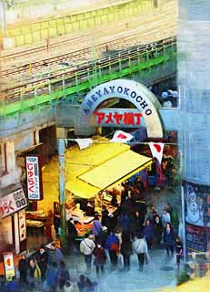 illustration,material,free,landscape,picture,painting,color pencil,crayon,drawing,Ameyoko-cho Arcade, national flag, crowd, Shopping, Good bargain