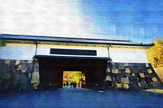 illustration,material,free,landscape,picture,painting,color pencil,crayon,drawing,Imperial Palace Sakurada-mon Gate, Ishigaki, palace, Watari passage under a turret, Edo-jo Castle