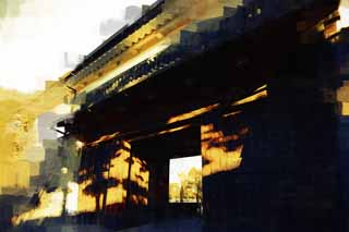 illustration,material,free,landscape,picture,painting,color pencil,crayon,drawing,Imperial Palace Sakurada-mon Gate, Ishigaki, palace, Watari passage under a turret, Edo-jo Castle
