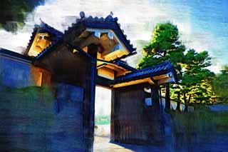 illustration,material,free,landscape,picture,painting,color pencil,crayon,drawing,Imperial Palace Sakurada-mon Gate, Ishigaki, palace, The Korai gate, Edo-jo Castle