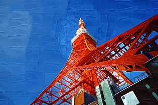 illustration,material,free,landscape,picture,painting,color pencil,crayon,drawing,Tokyo Tower, collection electric wave tower, Red and white, An antenna, An observatory