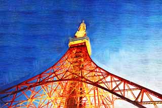 illust, materiell, befreit, Landschaft, Bild, Gemlde, Farbbleistift, Wachsmalstift, Zeichnung,,Tokyo-Turm, Sammlung elektrischer Wellenturm, Rot und wei, Eine Antenne, Eine Sternwarte