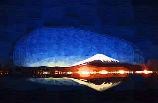 illust,tela,gratis,paisaje,fotografa,idea,pintura,Lpiz de color,dibujo,Monte. Fuji, Fujiyama, Las montaas cubiertas de nieve, Superficie de un lago, Cielo iluminado por las estrellas