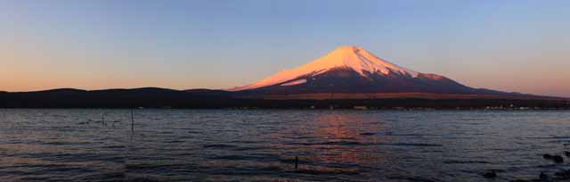 Foto, materiell, befreit, Landschaft, Bild, hat Foto auf Lager,Roter Fuji, Fujiyama, Die schneebedeckten Berge, Oberflche eines Sees, Die Morgenglut