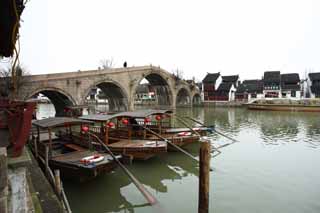 photo, la matire, libre, amnage, dcrivez, photo de la rserve,Zhujiajiao a laiss allez lier, Un pont vot, bateau, Dix personne de vues de coin vermillonnes, bien arc-en-ciel de la tte de la Zone