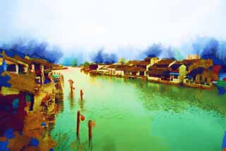 illust, matire, libre, paysage, image, le tableau, crayon de la couleur, colorie, en tirant,Canal Zhujiajiao, mur blanc, canal, Je suis peint en rouge, carreau