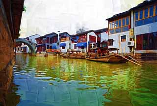 Illust, materieel, vrij, landschap, schilderstuk, schilderstuk, kleuren potlood, crayon, werkje,Zhujiajiao kanaal, Vaarwater, De oppervlakte van het water, Overhandig-arbeidde vissersboot schip, Toeristisch