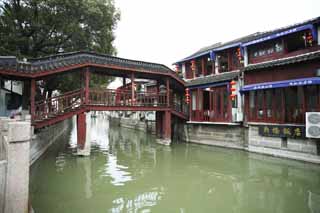 Foto, materiell, befreit, Landschaft, Bild, hat Foto auf Lager,Zhujiajiao-Korridor Brcke, Wasserstrae, hlzerne Brcke, Ich werde in roten gemalt, Brcke mit dem Dach