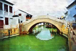 illust, material, livram, paisagem, quadro, pintura, lpis de cor, creiom, puxando,Templo de Zhujiajiao, via fluvial, ponte de pedra, Uma ponte curvada, Visitando lugares tursticos navio