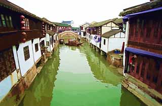 illustration,material,free,landscape,picture,painting,color pencil,crayon,drawing,Zhujiajiao canal, waterway, The surface of the water, hand-worked fishing boat ship, tourist